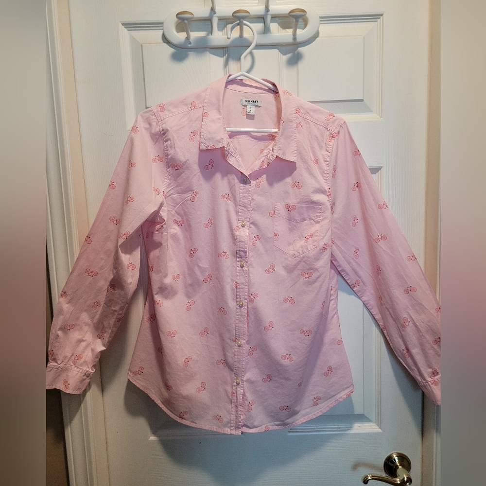 Old Navy Pink Button Down Shirt with Bicycle pattern (Lg)